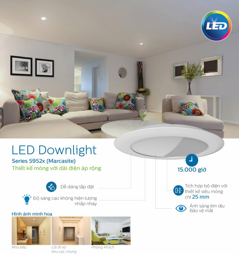 Đèn downlight âm trần LED Philips MARCASITE 59521 Φ100 9W 65K WH recessed